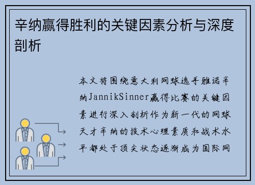 辛纳赢得胜利的关键因素分析与深度剖析